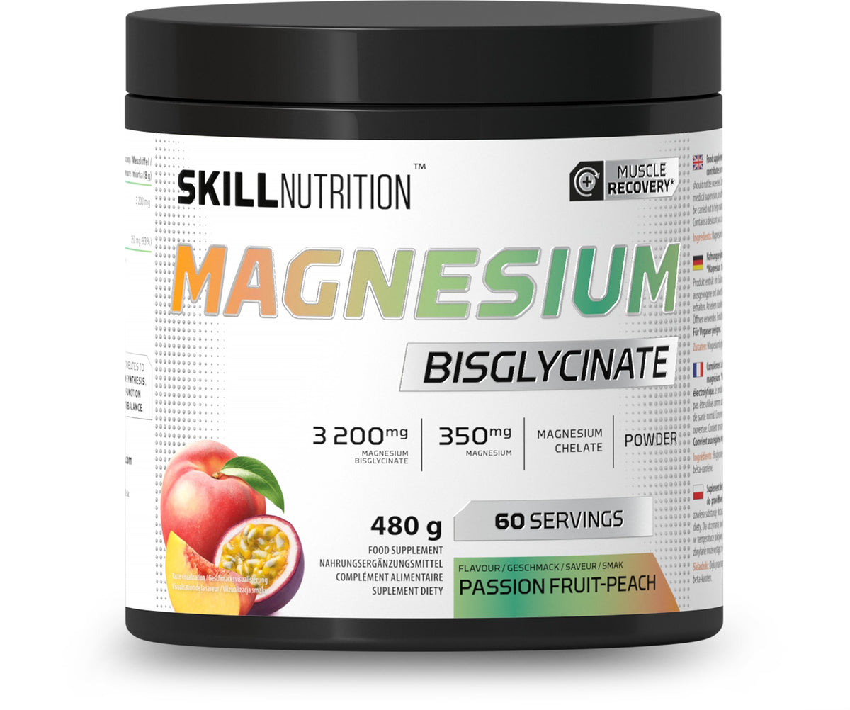 Pakning med Skill Nutrition magnesiumbisglycinat pulver, passionsfrugt-fersken, 480 g
