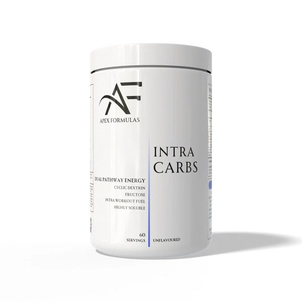 Beholder med Apex Formulas Intra Carbs kulhydratpulver uden smag, 1200 g