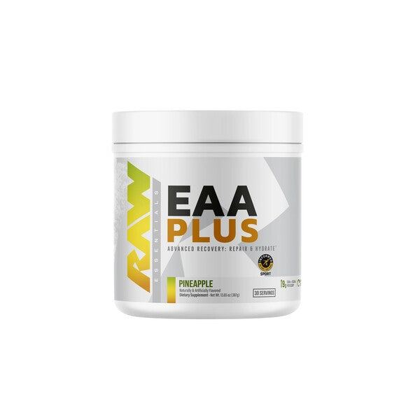 Beholder med Raw Nutrition EAA Plus pulver i smagen ananas, 387 g
