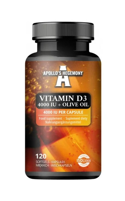 Pakke med Apollo's Hegemony D3-vitamin 4000 IU og olivenolie, 120 bløde kapsler