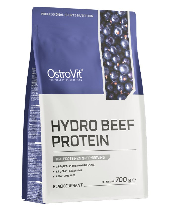 Pose med OstroVit Hydro Beef Protein proteinpulver med solbærsmag, 700 g