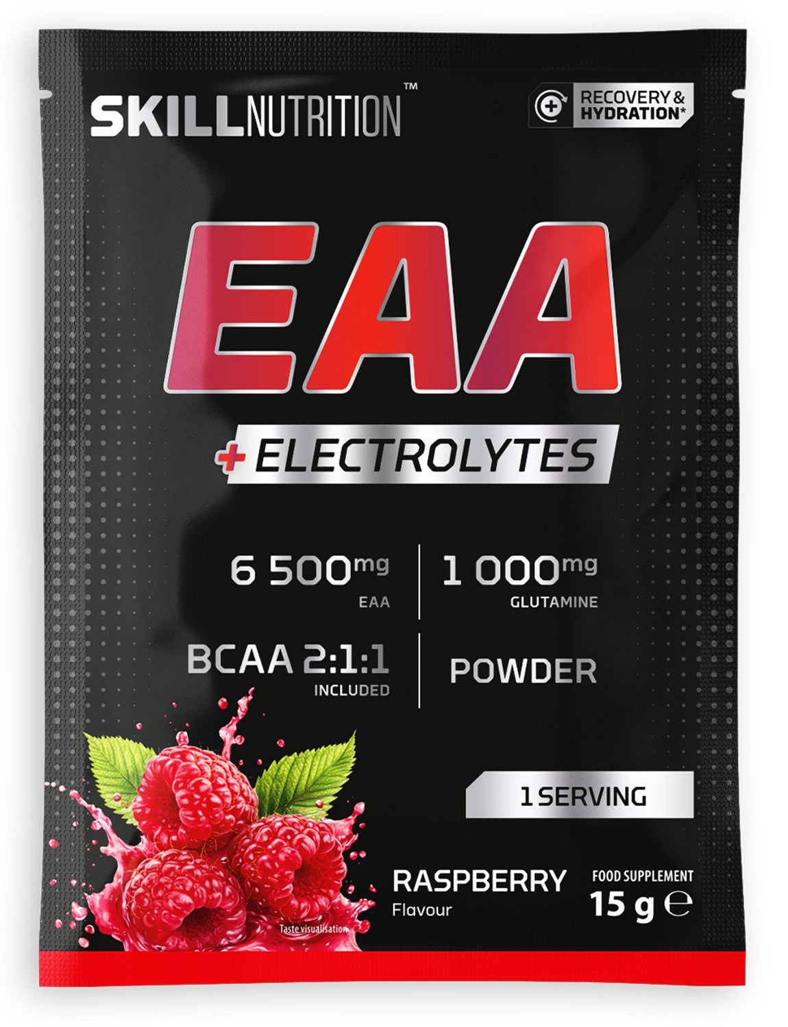 Skill Nutrition EAA + elektrolytter med hindbærsmag, enkeltdosis-pose på 15 g