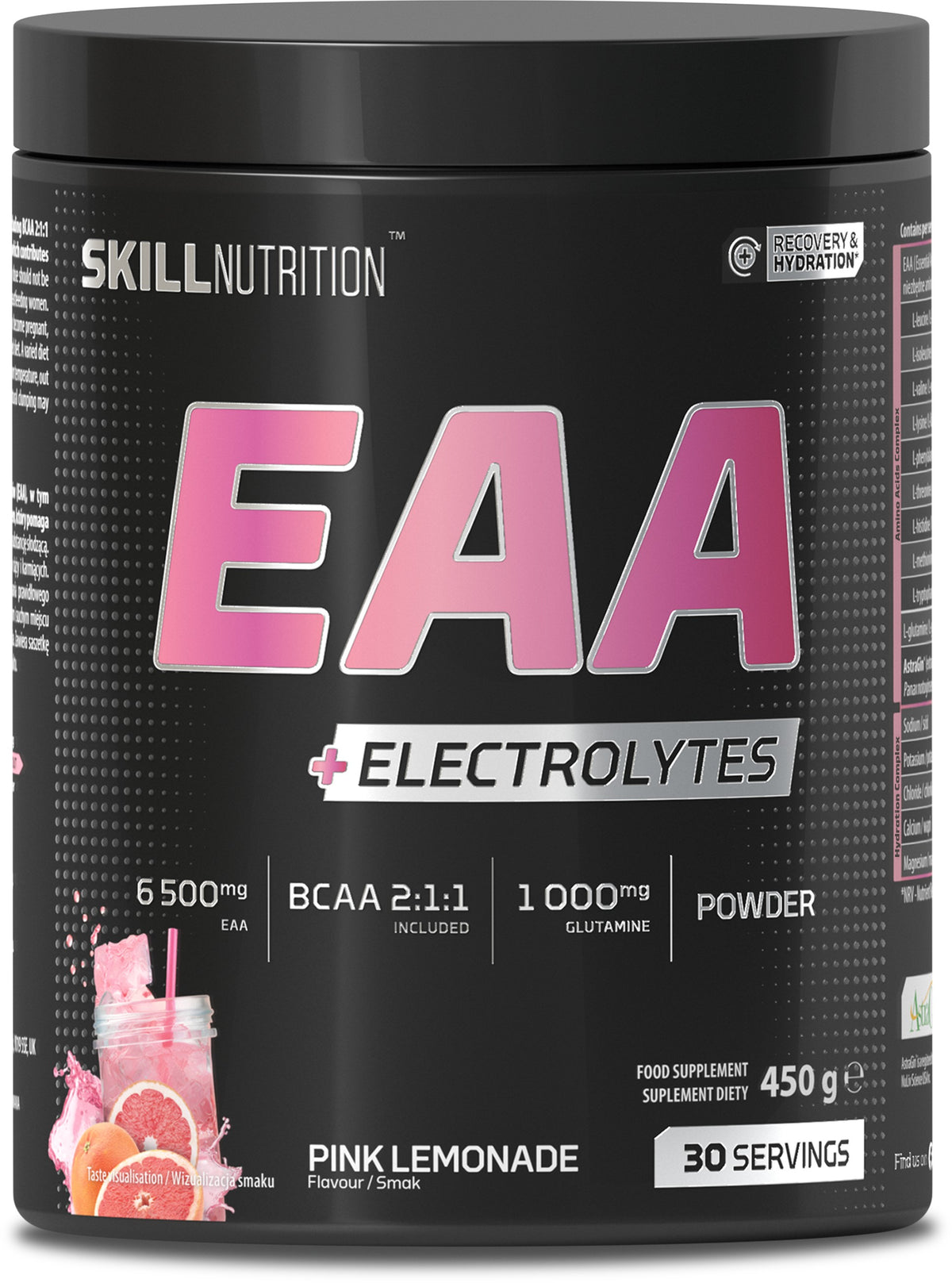 Bøtte med Skill Nutrition EAA + elektrolytter i smagen Pink Lemonade, 450 g