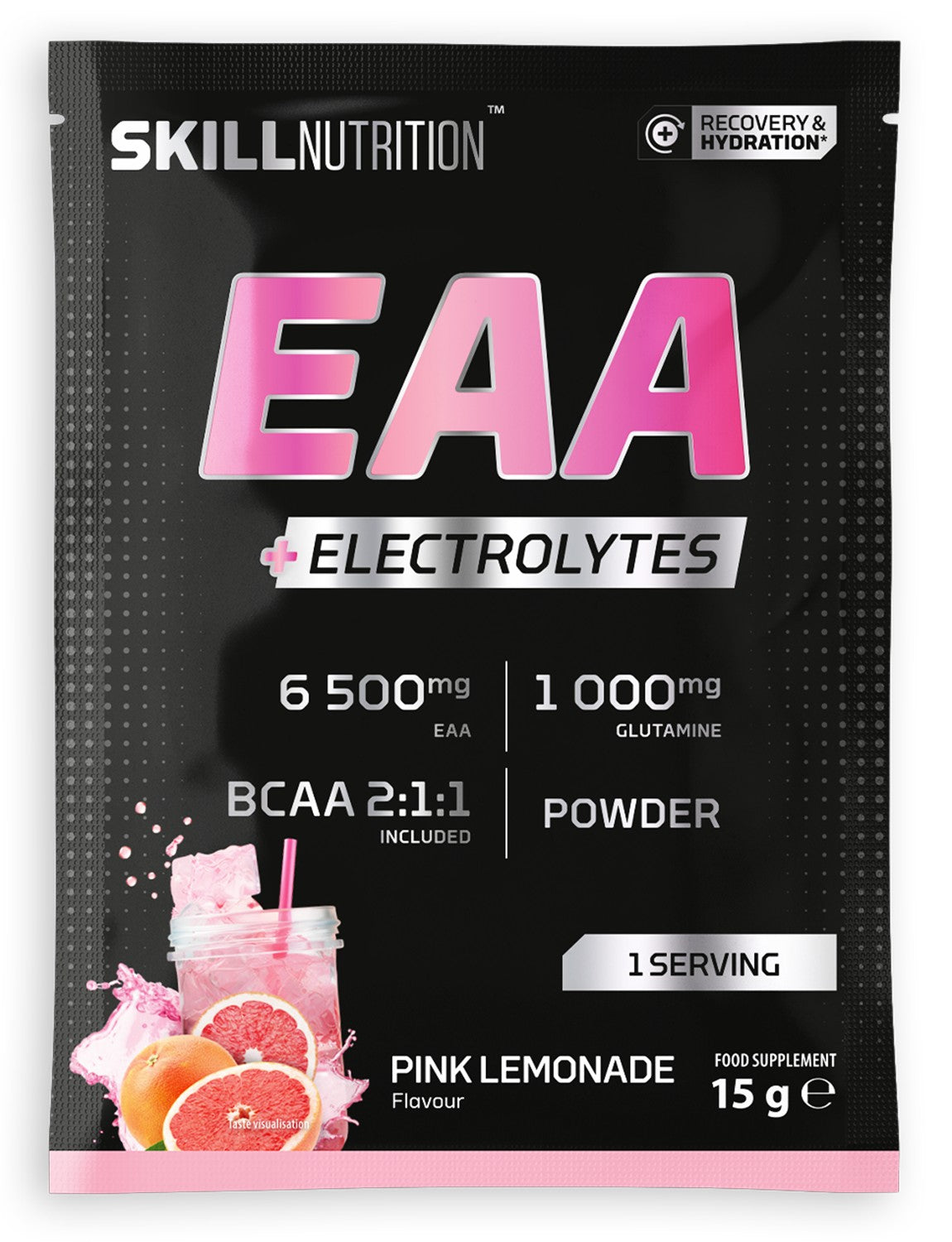 Portionspose med Skill Nutrition EAA + Electrolytes pulver i smagen Pink Lemonade
