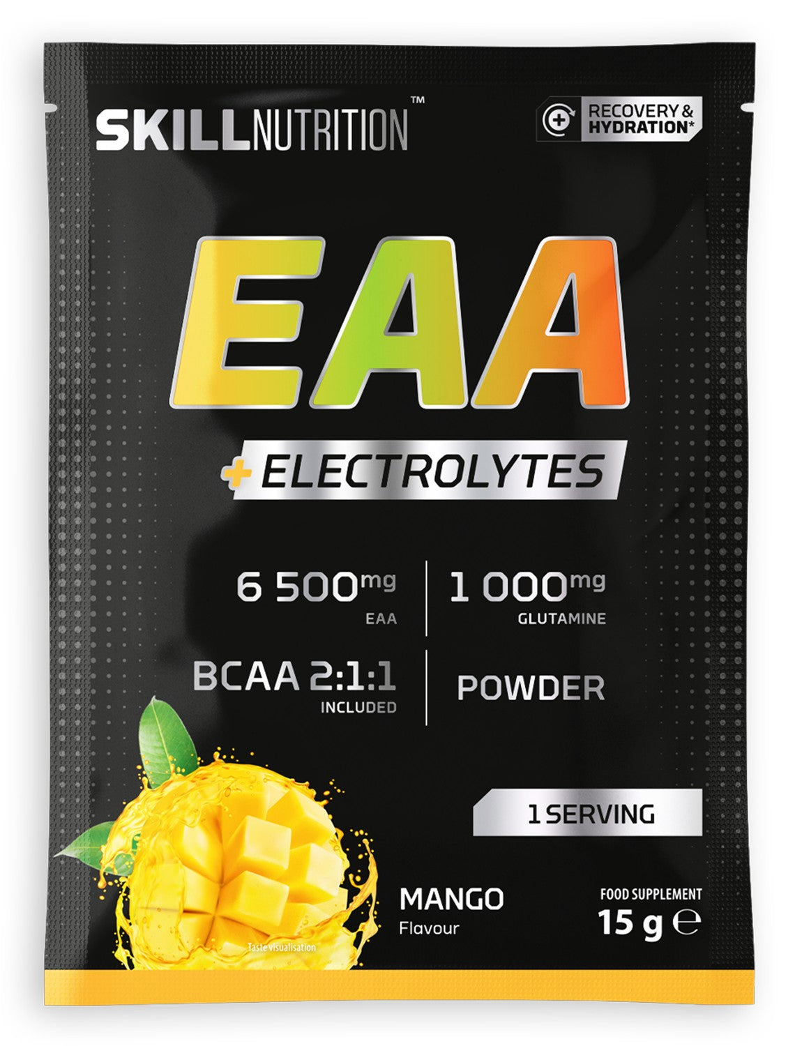 Dåse med Skill Nutrition EAA + Electrolytes pulver i smagen mango, 450 g