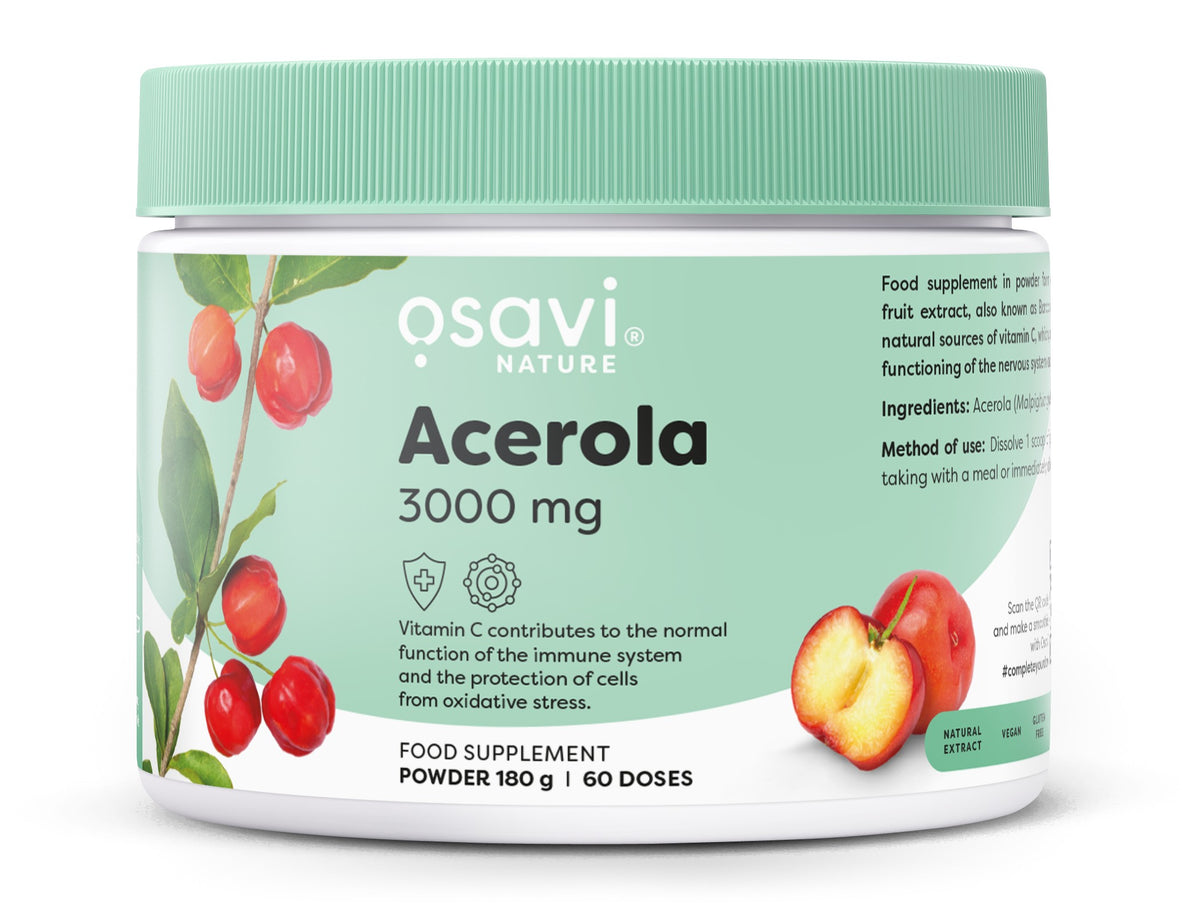 Bøtte med Osavi acerola C-vitamin pulver, 3000 mg, 180 g