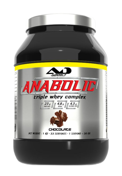 Pakning med Addict Sport Nutrition Anabolic Triple Whey Complex, chokolade, 1000 g