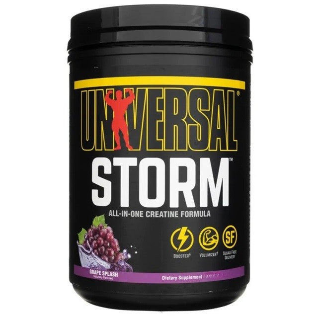Dåse med Universal Nutrition Storm kreatinblanding i smagen Grape Splash, 836 g