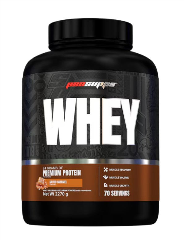 Stor pose med ProSupps Whey valleprotein i smagen saltet karamel, 2270 g