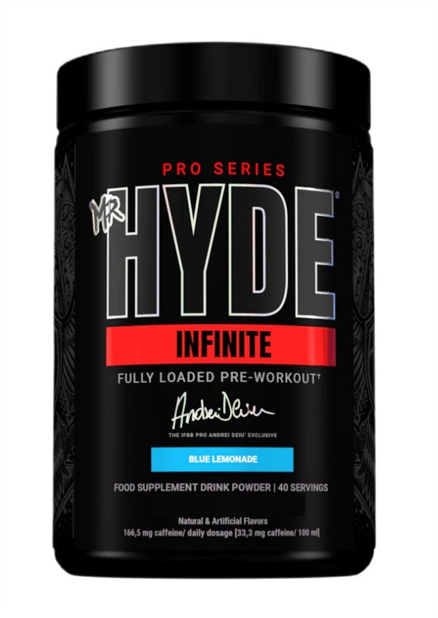 Dåse med ProSupps Mr. Hyde Infinite pre-workout pulver, smag Blue Lemonade, 350 g