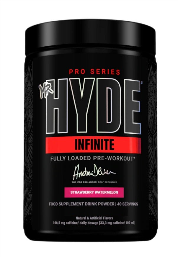 Beholder med ProSupps Mr. Hyde Infinite pre-workout, jordbær-vandmelon, 350 g