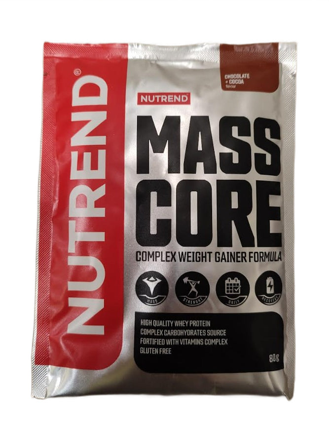 Enkeltportionspose med Nutrend Mass Core gainerpulver i smagen Chocolate + Cocoa