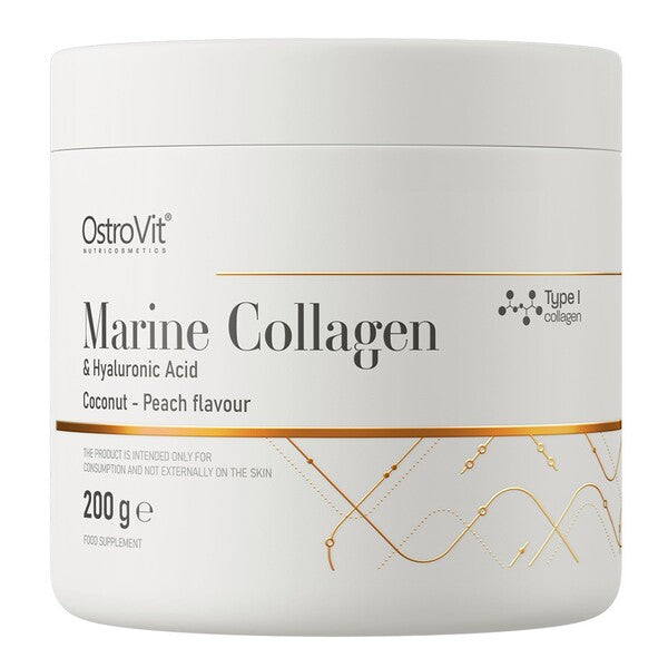 Beholder med OstroVit Marine Collagen & Hyaluronsyre, kokos og fersken, 200 g