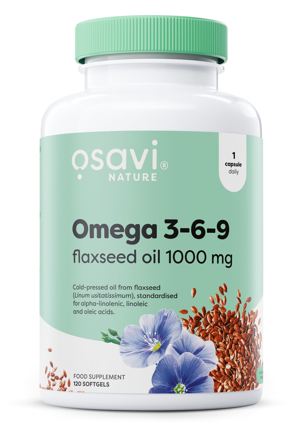 Dåse med Osavi Omega 3-6-9 hørfrøolie, 1000 mg, 120 bløde kapsler