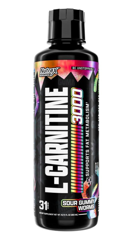 Flaske med Nutrex L-Carnitine 3000 flydende L-karnitin i smagen sure gummiorm, 465 ml