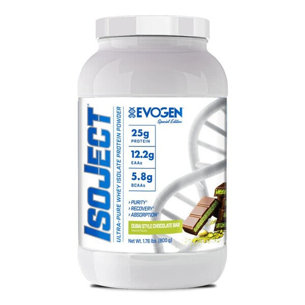 Pakke med Evogen IsoJect valleisolat i smagen Dubai Style Chocolate Bar, 800 g