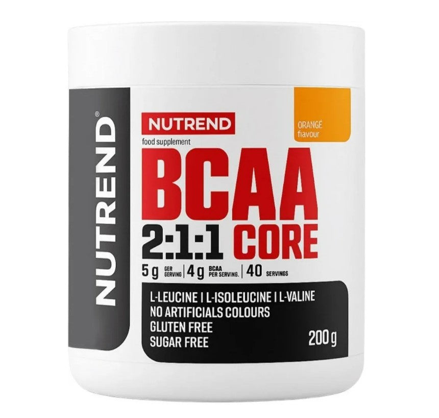 Beholder med Nutrend BCAA 2:1:1 Core aminosyrepulver, appelsinsmag, 200 g