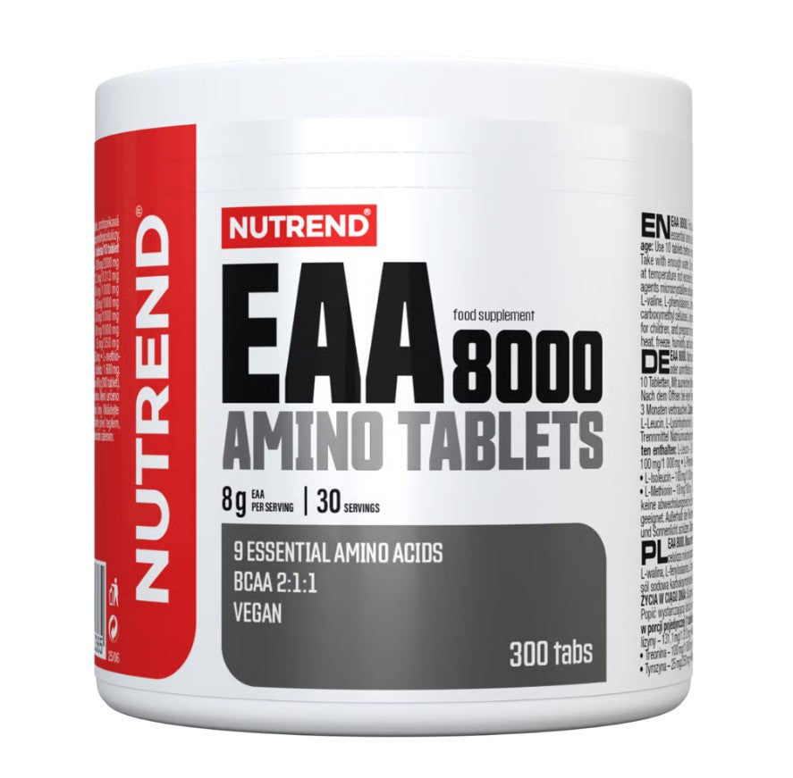 Beholder med Nutrend EAA 8000 amino-tabletter, 300 tabletter