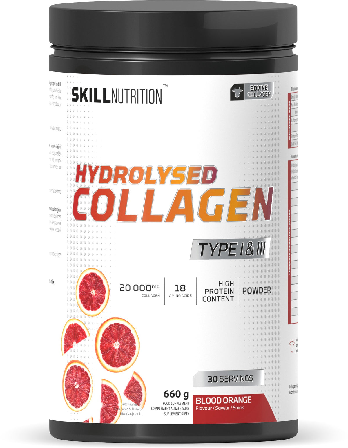 Skill Nutrition hydrolyseret kollagen type I og III fra okse, Bloody Orange, 660 g