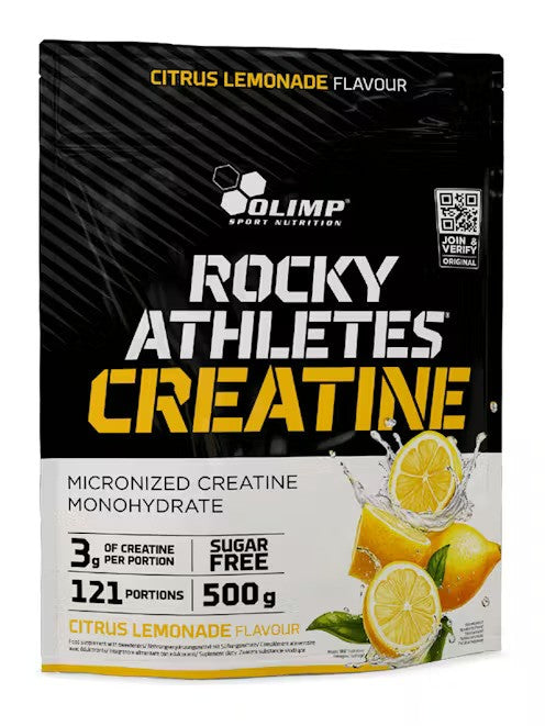 Beholder med Olimp Nutrition Rocky Athletes kreatinmonohydrat, citruslimonade, 500 g