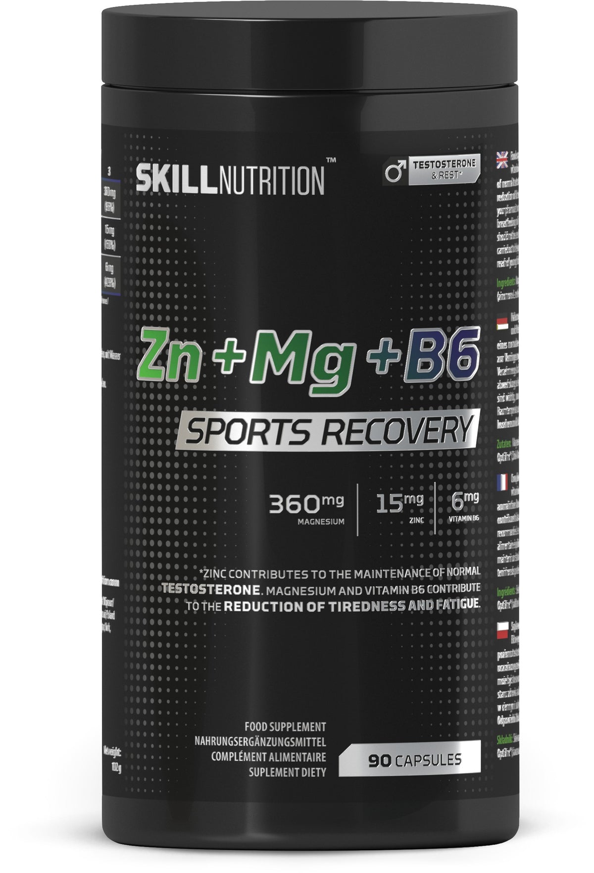 Pakning med Skill Nutrition ZMA Zn + Mg + B6 Sports Recovery, 90 kapsler