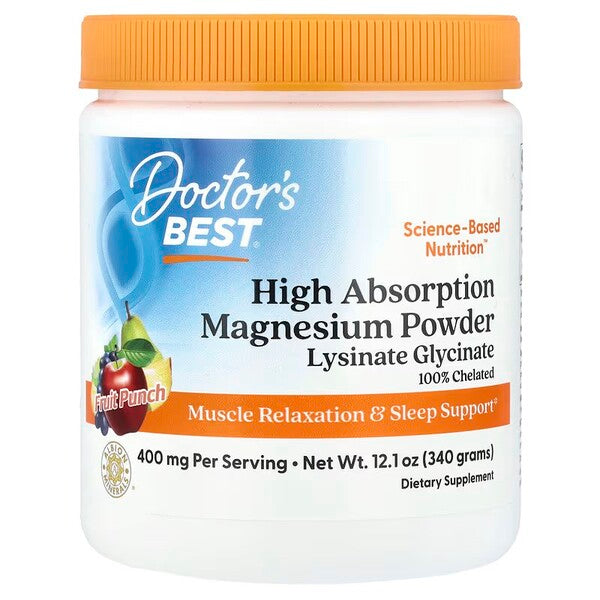 Beholder med Doctor's Best magnesiumglycinat pulver, smag Fruit Punch, 340 g