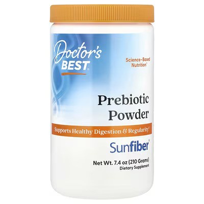 Beholder med Doctor's Best prebiotisk pulver Sunfiber, 210 g