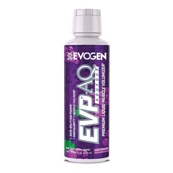 Flaske med Evogen EVP AQ flydende pumpeprodukt i smagen Juicy Grape, 473 ml