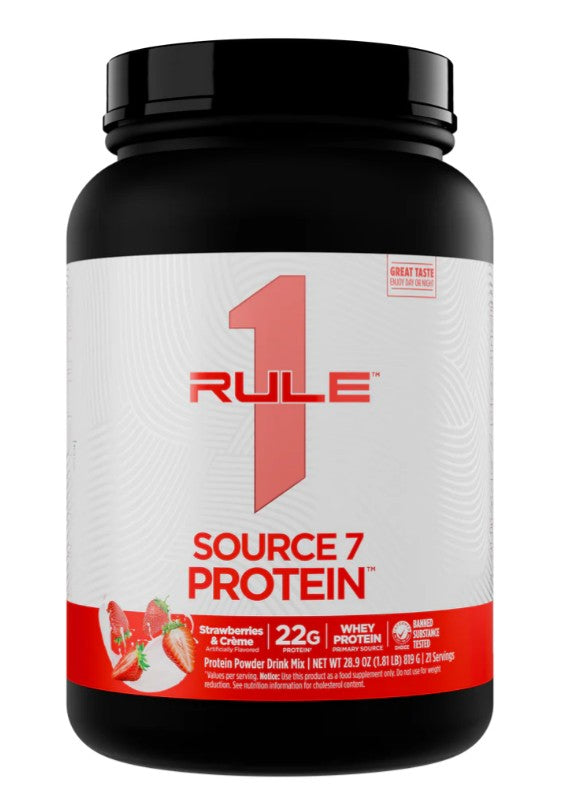 Beholder med Rule One Source7 Protein proteinpulver, jordbær og fløde, 819 g