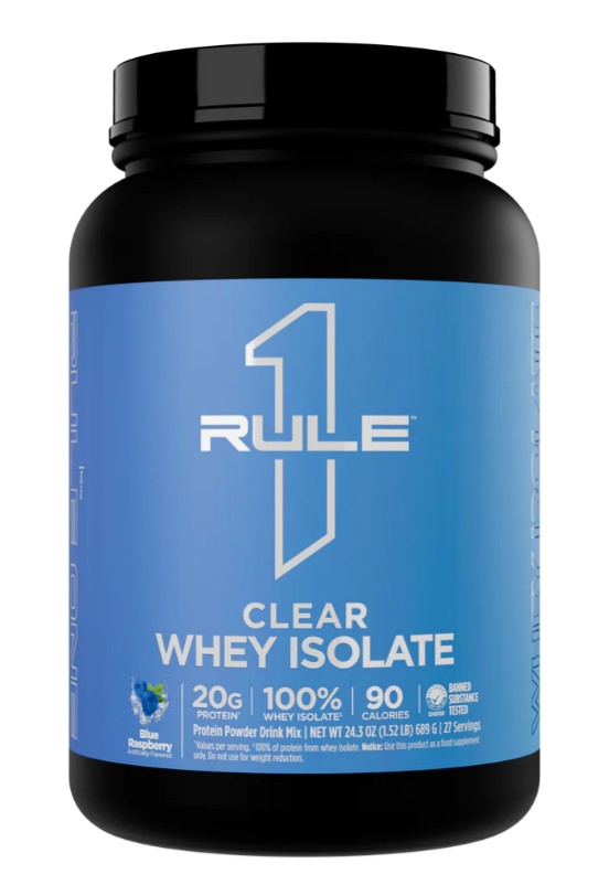 Beholder med Rule One Clear Whey Isolate proteinpulver, blå hindbær, 689 g