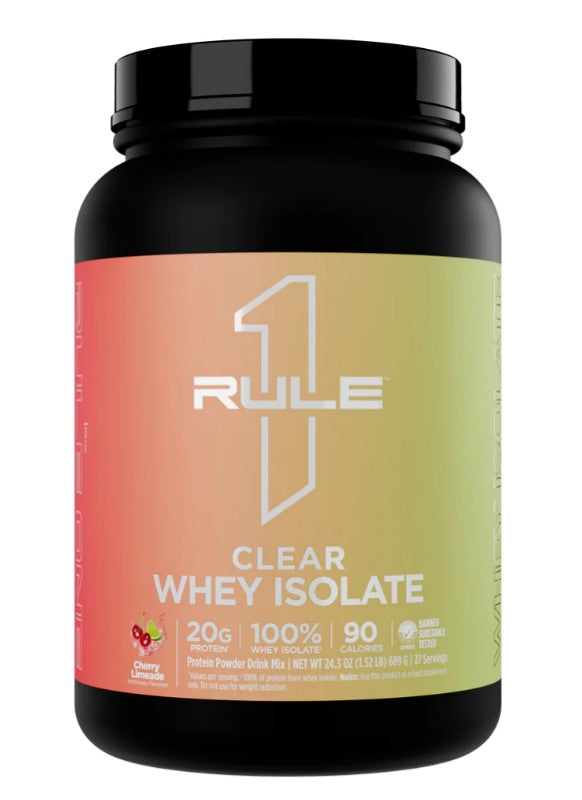 Beholder med Rule One Clear Whey Isolate proteinpulver, Cherry Limeade, 689 g