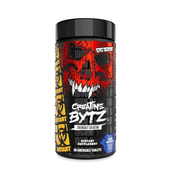 Pakning med Mutant Creatine Bytz kreatin tyggetabletter, smag Tang Blue Razz, 80 stk.