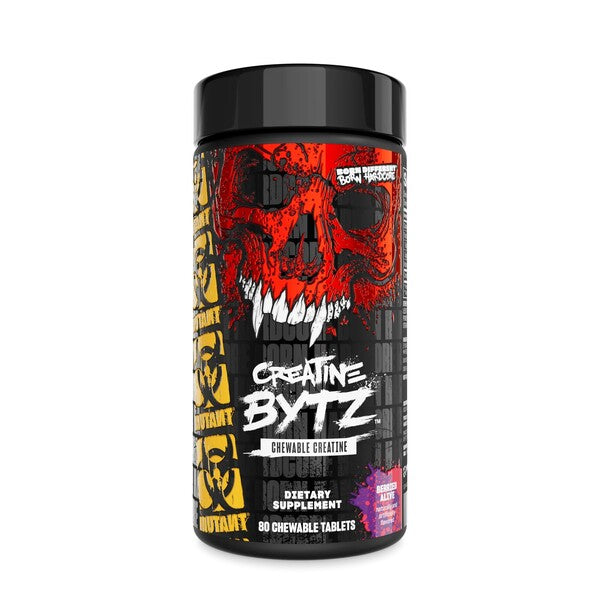 Beholder med Mutant Creatine Bytz tyggetabletter, smag Berried Alive, 80 stk.
