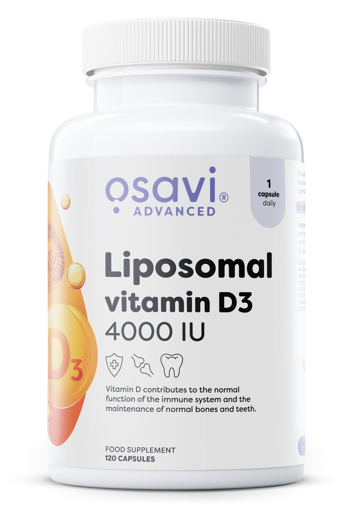 Pakning med Osavi liposomalt D3-vitamin, 4000 IE, 120 plantebaserede kapsler