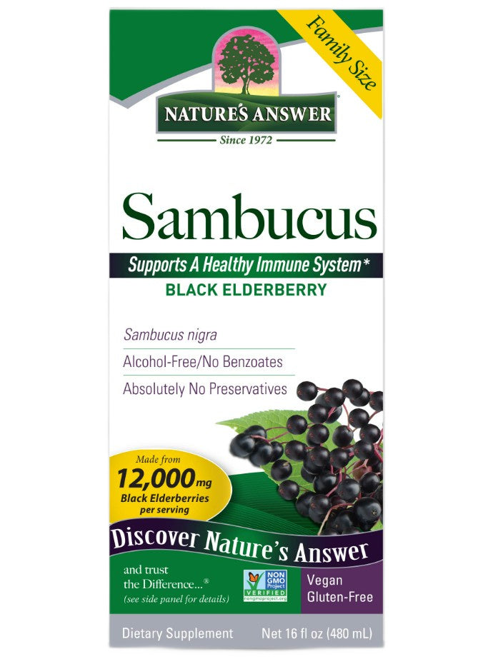 Flaske med Nature's Answer Sambucus flydende ekstrakt af sort hyldebær, 480 ml