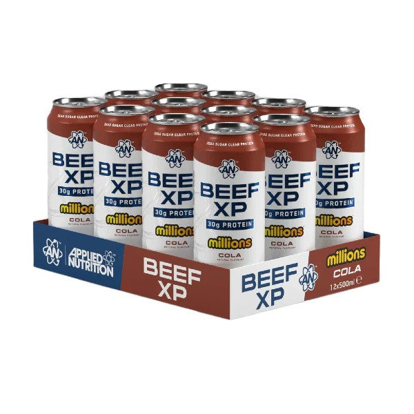 Dåser med Applied Nutrition Beef XP Cans kollagendrik, Millions Cola, 12 x 500 ml