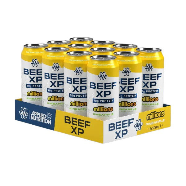 Kasse med Applied Nutrition Beef XP kollagendåser med Millions Pineapple, 12 x 500 ml
