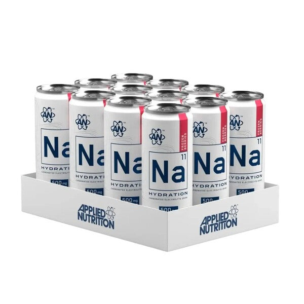 Dåser med Applied Nutrition Na11 Hydration, smag af frosne bær, 12 x 330 ml