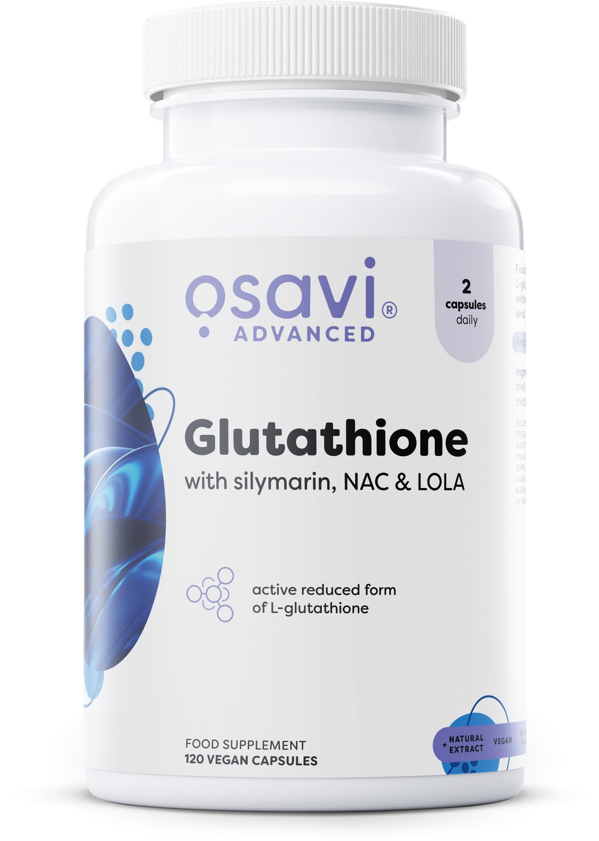 Pakning med Osavi glutathion med silymarin, NAC og LOLA, 120 veganske kapsler