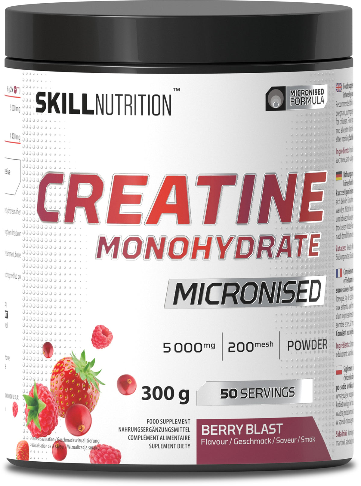 Skill Nutrition mikroniseret kreatinmonohydrat med smag af Berry Blast, 300 g