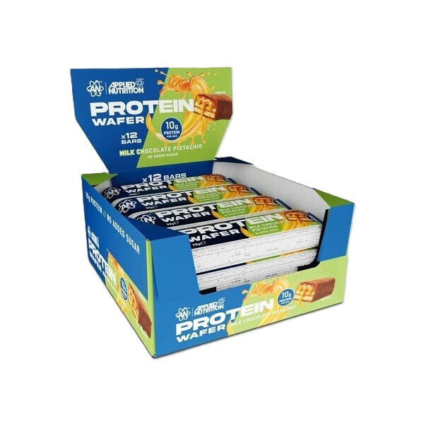 Æske med Applied Nutrition Protein Wafer i smagen Milk Chocolate Pistachio, 12 barer à 39 g