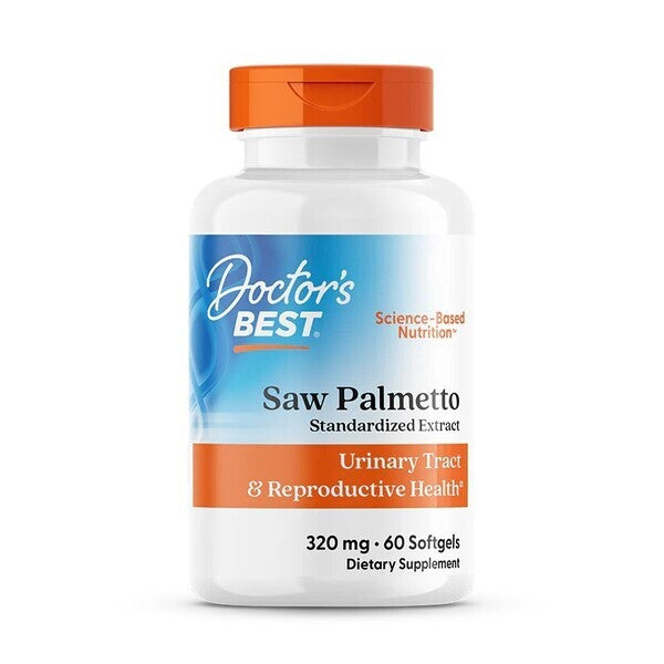Glas med Doctor's Best savpalme-ekstrakt med Prosterol, 320 mg, 60 bløde kapsler