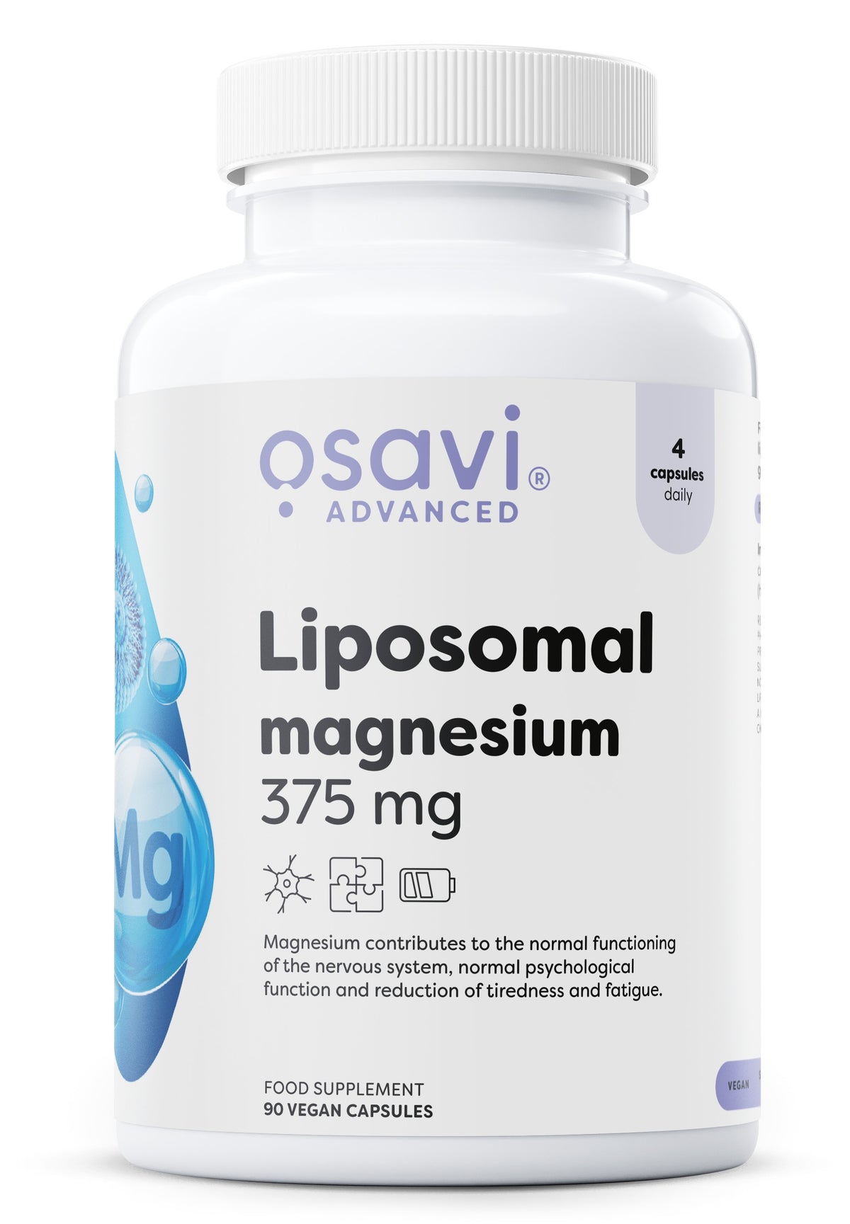 Beholder med Osavi Liposomalt magnesium 375 mg, 90 veganske kapsler