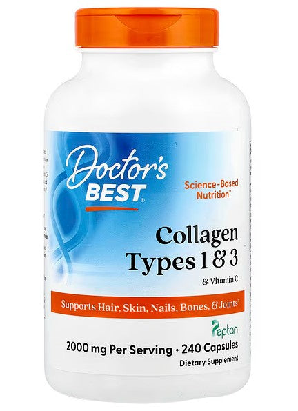Pakning med Doctor's Best kollagen type 1 og 3 med Peptan og C-vitamin, 240 kapsler