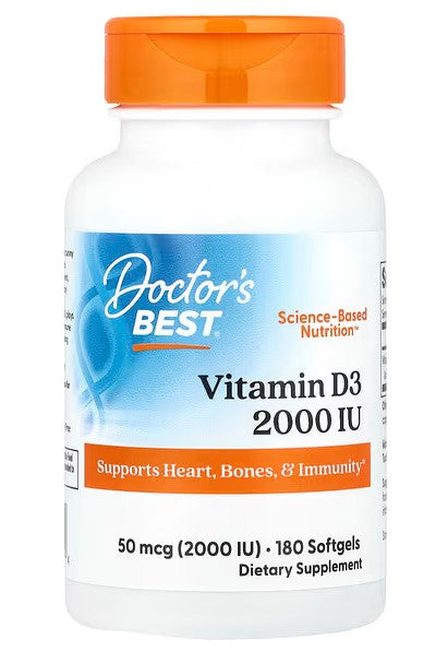 Pakning med Doctor's Best D3-vitamin 2000 IE, 180 bløde softgel-kapsler