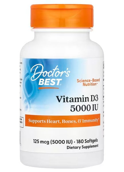 Beholder med Doctor's Best D3-vitamin 5000 IE, 180 bløde kapsler