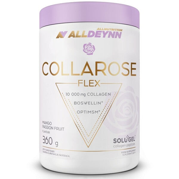 Beholder med Allnutrition AllDeynn Collarose Flex kollagenpulver, mango og passionsfrugt, 360 g