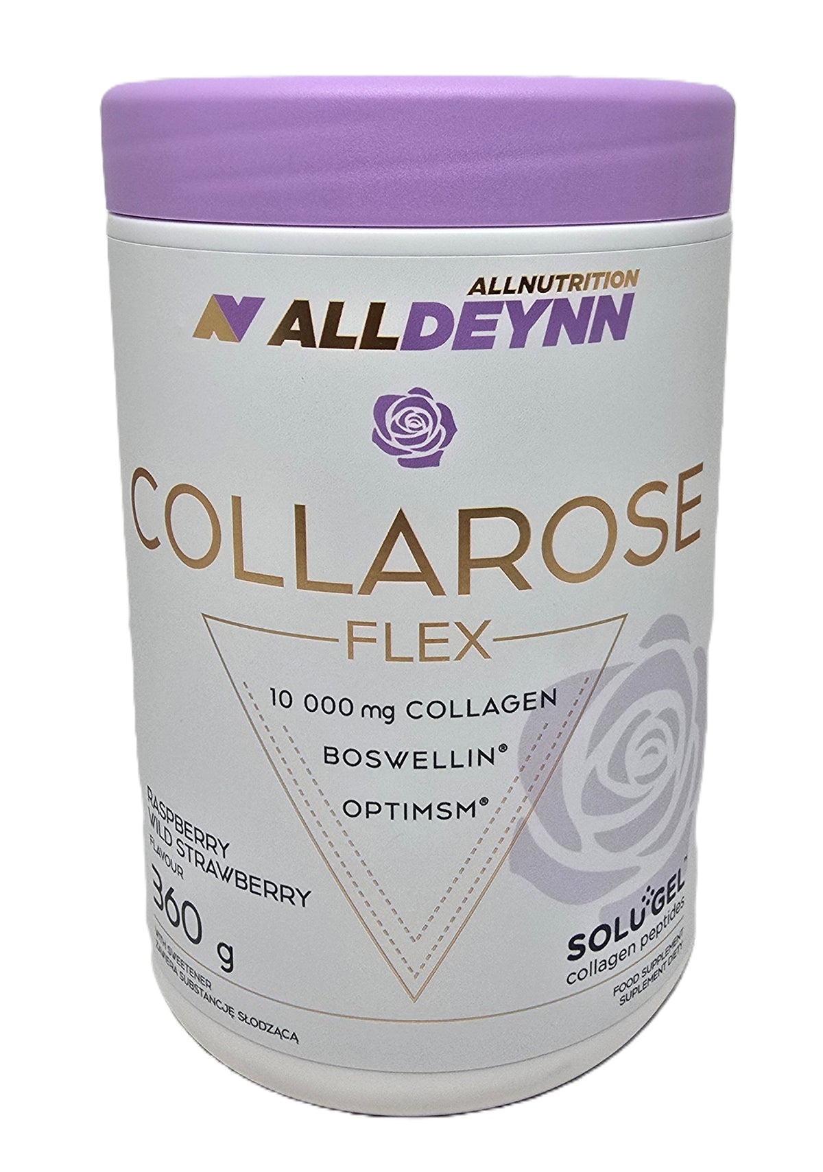Bæger med Allnutrition AllDeynn Collarose Flex kollagenpulver, hindbær og vild jordbær, 360 g