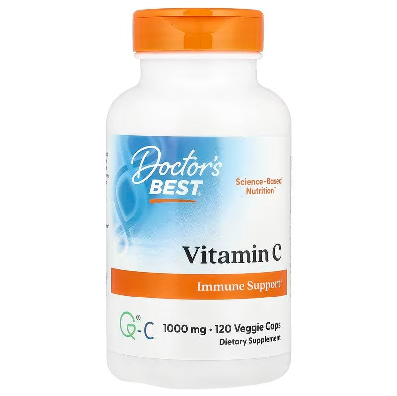 Beholder med Doctor's Best Vitamin C with Q-C, 1000 mg, 120 vegetariske kapsler