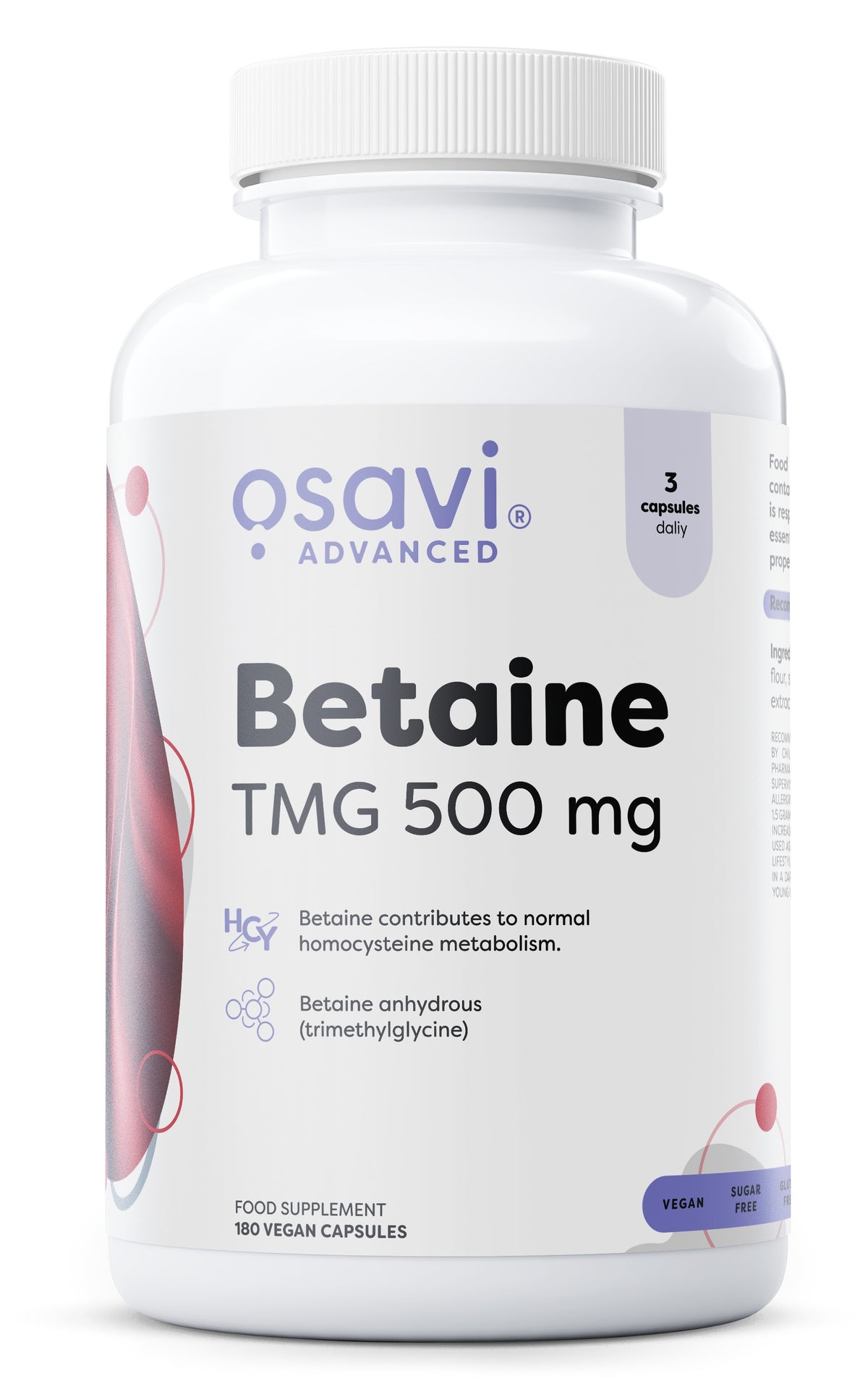 Beholder med Osavi Betain TMG 500 mg, 180 veganske kapsler